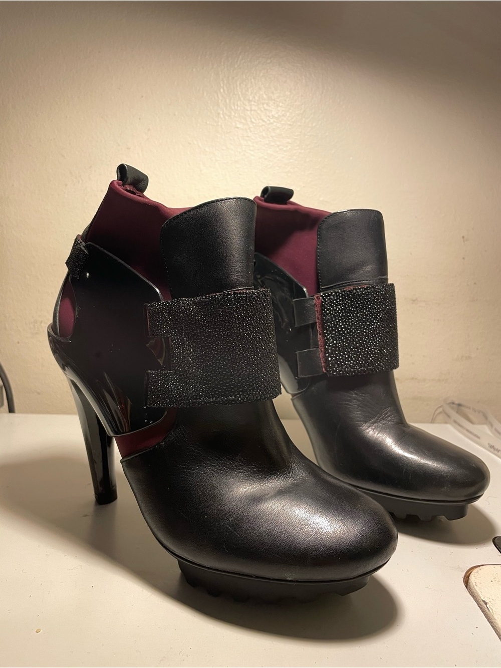 Custom Women's Black and Burgundy High Heel Ankle Boots with Decorative Strap